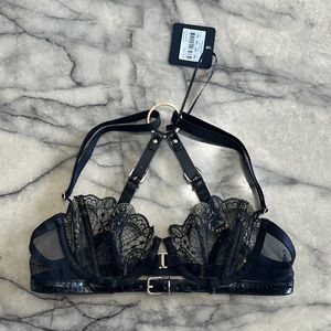 NEW W TAG Honey Birdette Jacinta black lace leather strappy bra 32C